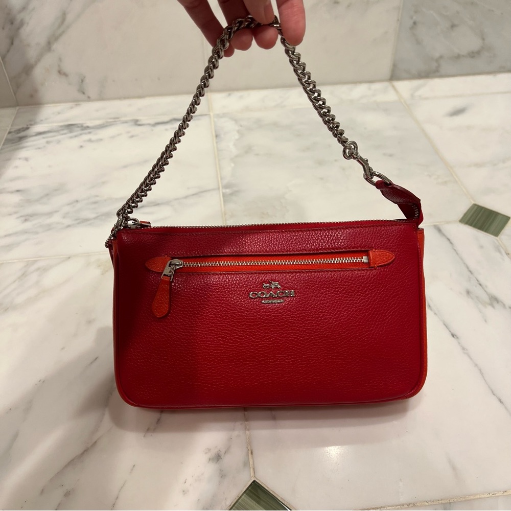 COACH Nolita Chain Mini Pouch Handbag True Red/Orange Pebble Leather Shoulder